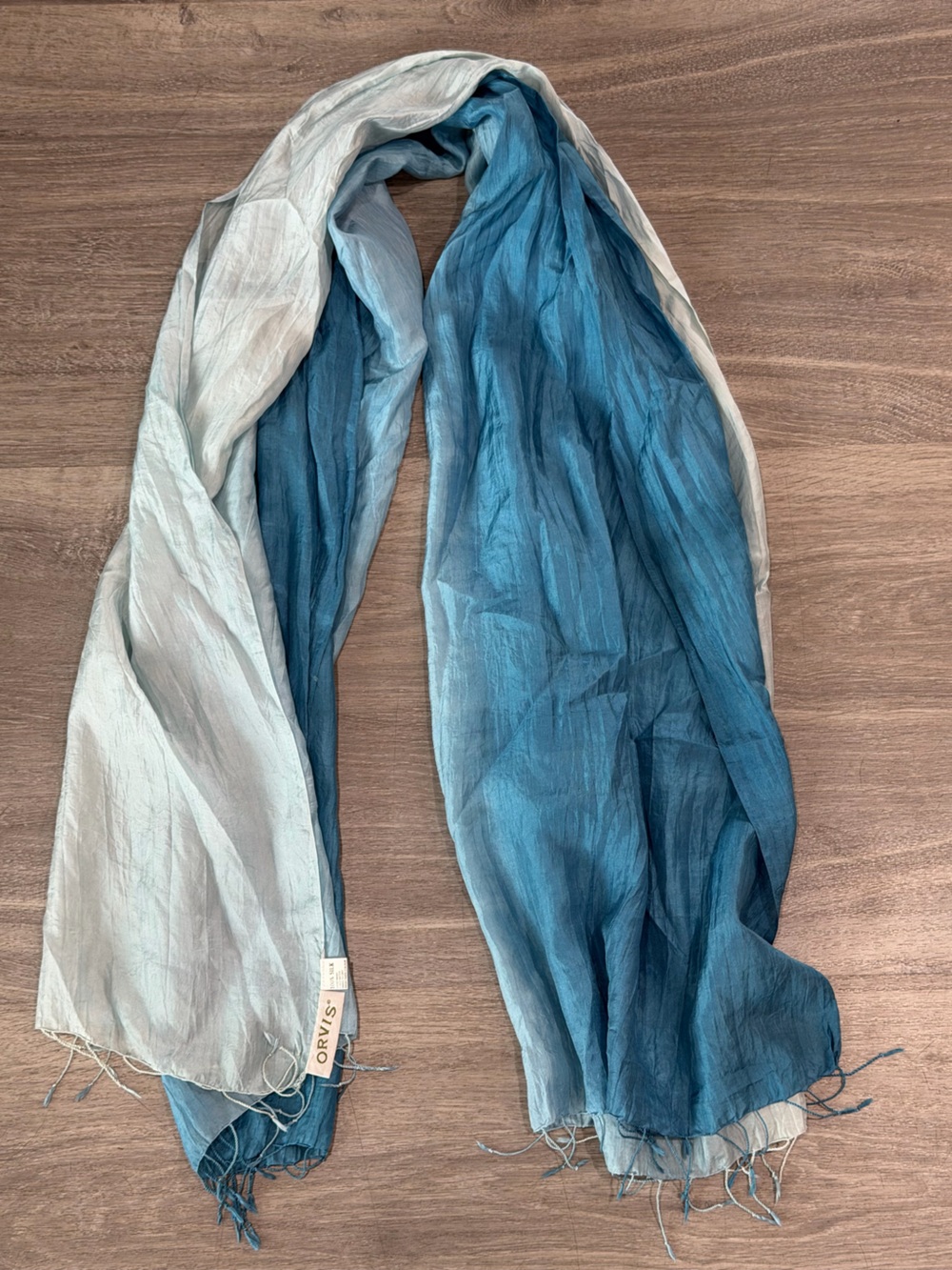 Orvis 100% Silk Ombre Scarf Blue Gradient Lightweight Fringe Long Wrap